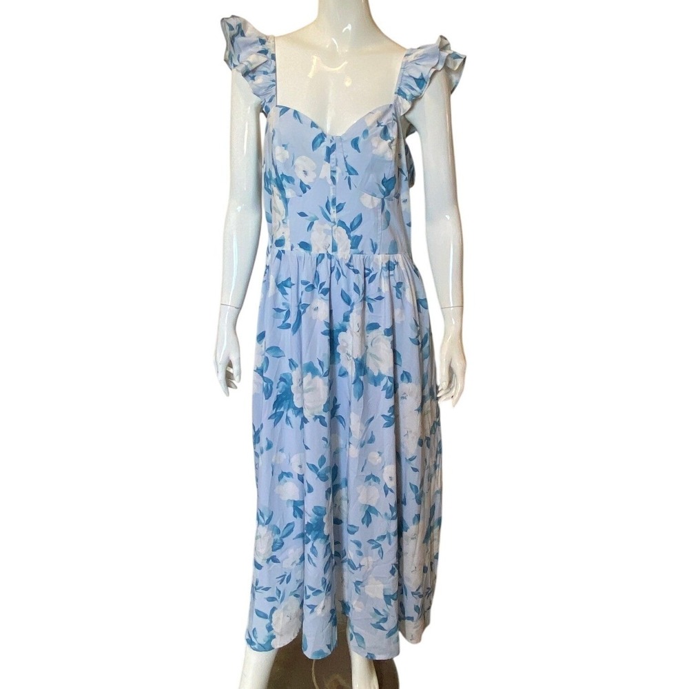 Grace Karin Blue White Floral Ruffle Strap Midi Dress Size L Smocked Back